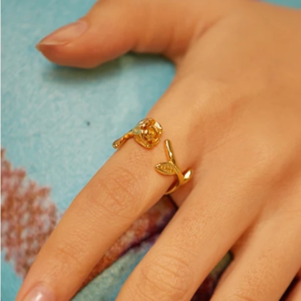 18k Gold Leaf Handcrafted Rose Ring 6-8 - Picture 3 of 8